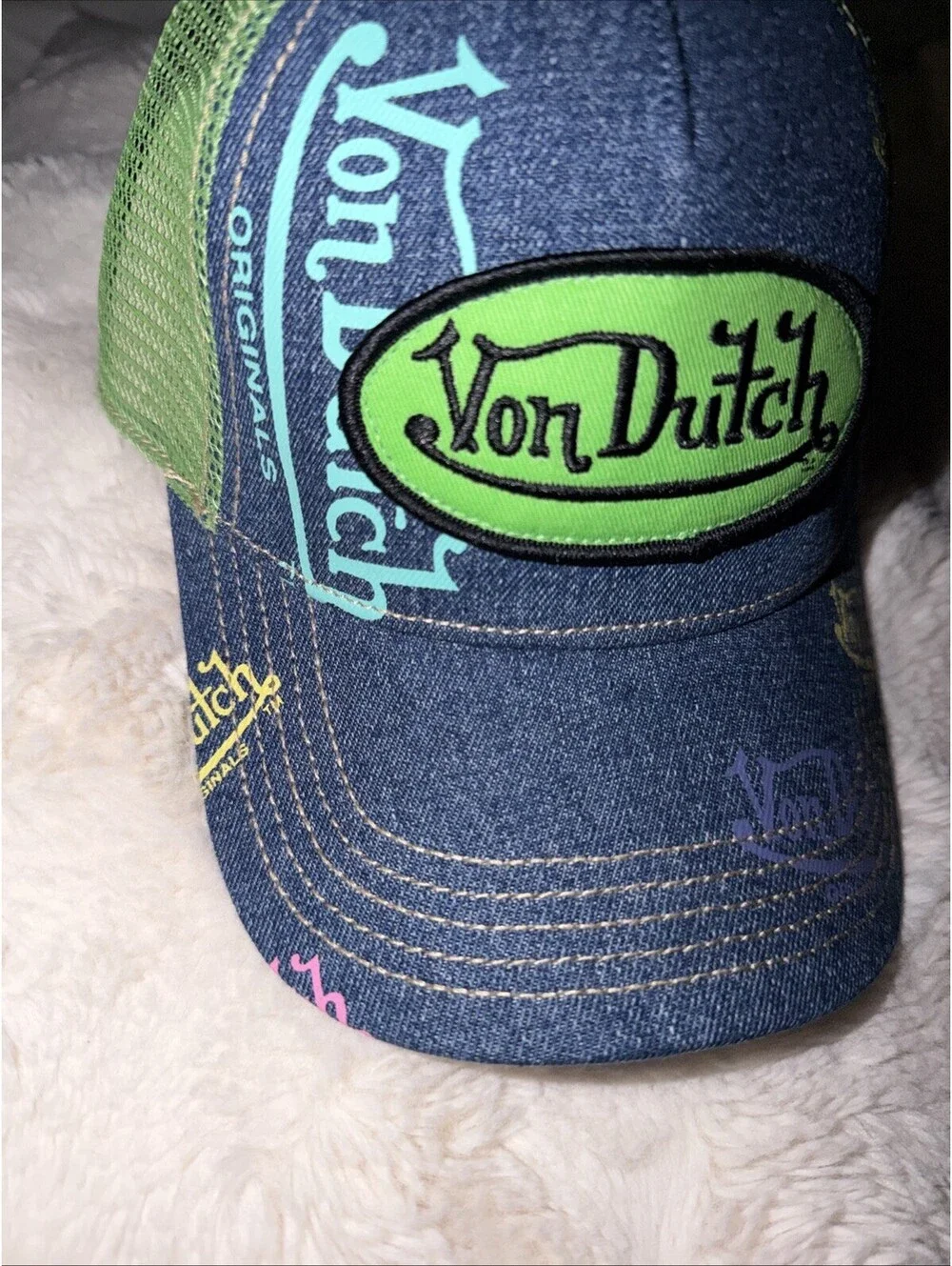 Von Dutch Dark Blue Denim/Green Trucker Hat - New